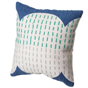 16 in. x 16 in. Blue Handwoven Cotton Throw Pillow Cover with Ribbed Line Dots and Wave Border with Filler