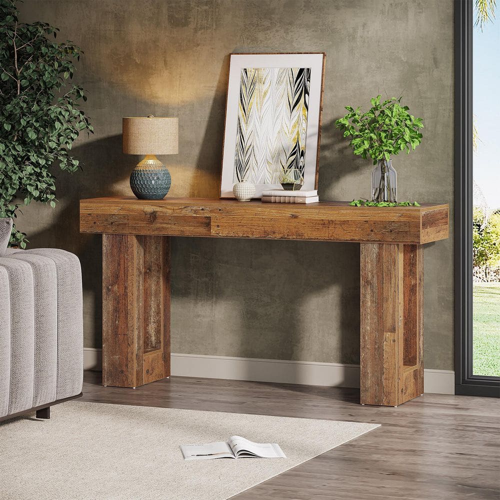 BYBLIGHT Turrella 63 in. W Mix Brown Rectangle Wood Console Table ...