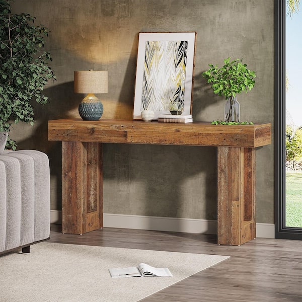 BYBLIGHT Turrella 63 in. W Mix Brown Rectangle Wood Console Table, Farmhouse Sofa Table with Double Pedestal for Living Room