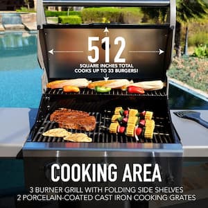 3-Burner Propane Gas Grill in Black with Folding Side Shelves