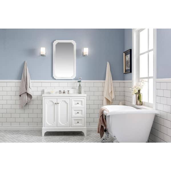 Queen 36 in. Bath Vanity in Pure White with Quartz Carrara Vanity Top with Ceramics White Basins