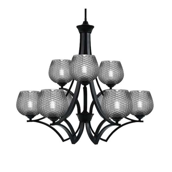 Cleveland 30.75 in. 9- Light Matte Black Chandelier Light with 6 in. Smoke Textured Glass No Bulbs Included