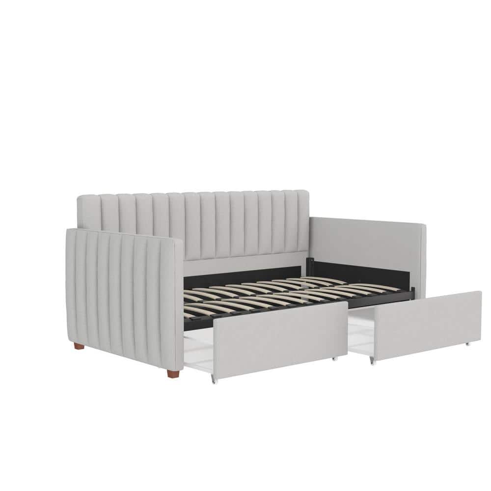 Twin Gray Linen Upholstered Daybed with Storage Drawers