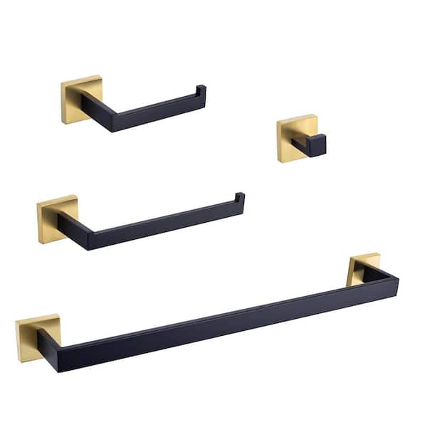 RAINLEX 4-Piece Bath Hardware Set Combo With Robe Hook 24 in. and 12 in. Towel Bar, Tissue Holder in Black Gold