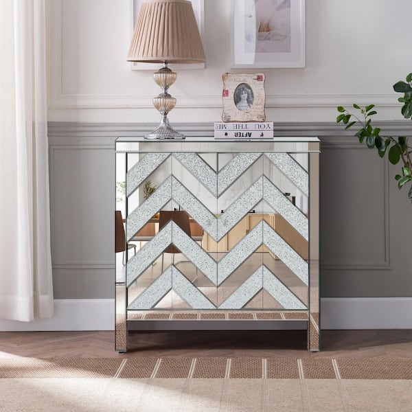 Diamond Silver 32.5 in. Accent Cabinet Office Storage Cabinet W/ 2 Shelves & Mirror Trim, M-Shape Design & Glass Effect