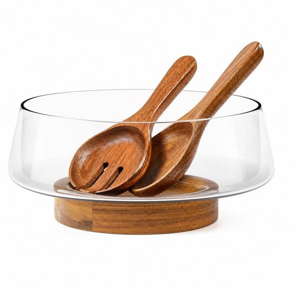 3-Piece Elegant Acacia Wood Base Glass Salad Bowl Set with Serving Utensils, Kitchen Serving Set