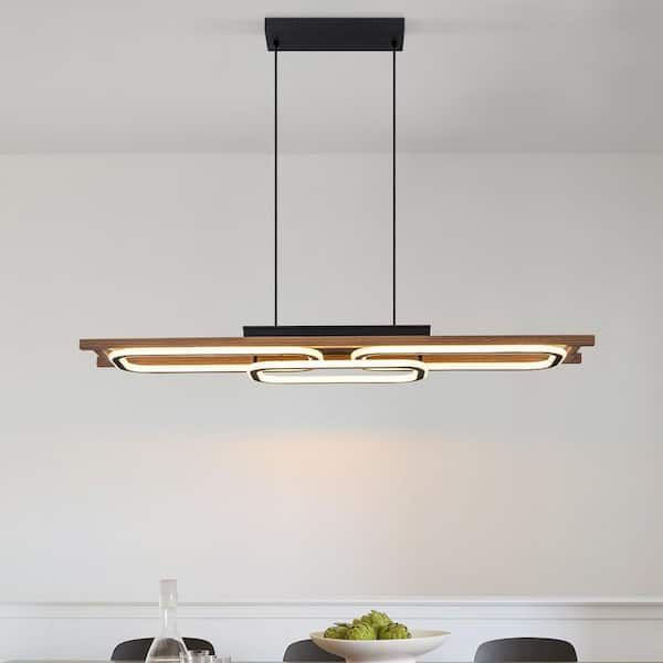 Liora 43.31 in. 3-light Black Rectangle Integrated LED Pendant Light, Modern Linear Wood Chandelier for Kitchen Island