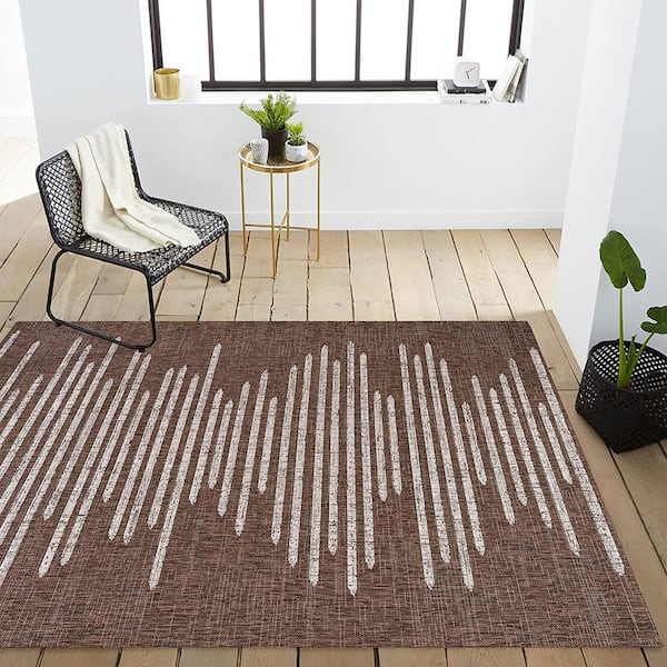 Brown Polypropylene 5 ft. x 8 ft. Stripe Geometric Indoor/Outdoor Area Rug