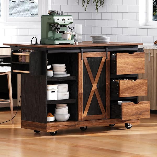 Farmhouse Black Wood 55.5 in. Drop Leaf Power Outlet Kitchen Island Kitchen Storage Cart with Barn Door and Spice Rack