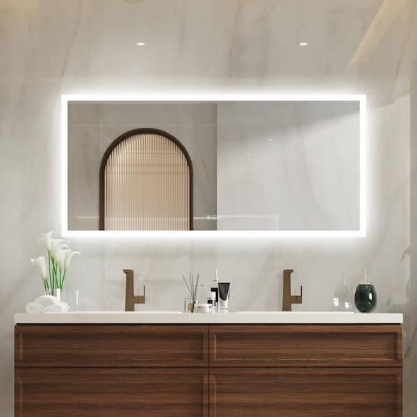 WELLFOR 60 in. W x 28 in. H Rectangular Frameless LED Anti-Fog Dimmable Wall-Mounted Bathroom Vanity Mirror in Aluminum