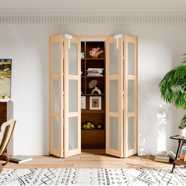 TENONER 60 in. x 80 in. 3-Lite Frosted Glass Solid Core Light Brown Pine Wood Bi-fold Doors with Locks, Handles and Accessories