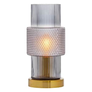 Marilee 10.625 in. Brushed Gold-Colored Pillar Table Lamp with Cylindrical Textured Blue Glass Shade