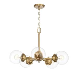 Knoll 5-Light Mid-Century Brushed Gold Chandelier with Clear Glass Shades For Dining Rooms