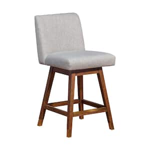 Basila 36.5 in. Product Height Brown Oak Swivel Wood 26 in. Seat Height Bar Stool with Taupe Fabric Seat