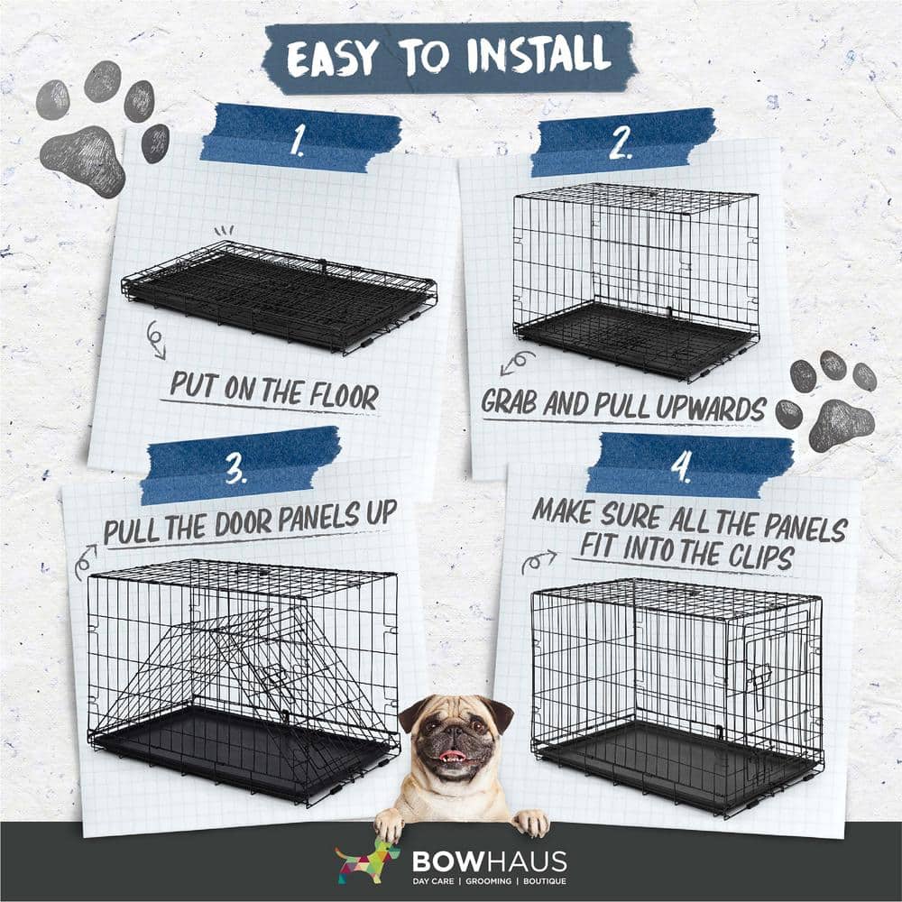 Black Foldable Metal Dog Crate with Double Doors, 42"
