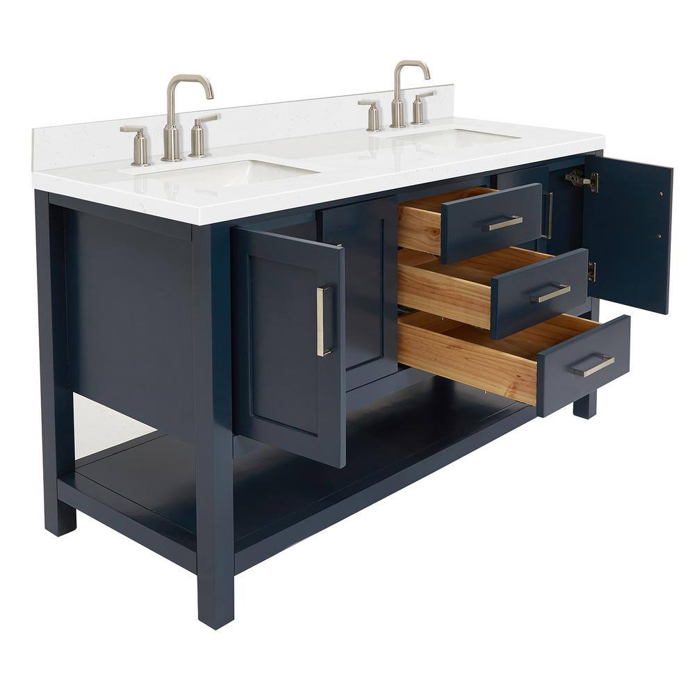 Midnight Blue Solid Wood Double Sink Freestanding Vanity with Quartz Top