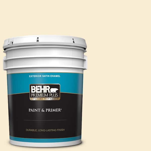 BEHR PREMIUM PLUS 5 gal. #330C-1 Honeysuckle White Satin Enamel Exterior Paint & Primer