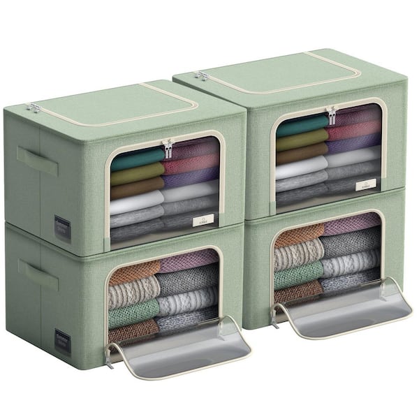 Green 19.5 in. x 13 in. Fabric Decorative Box Set of 4, Stackable Storage Bins with Metal Frame, Window, & Handles