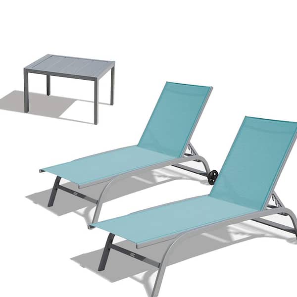 Sudzendf Aluminum Outdoor Patio Chaise Lounge with Adjustable Backrest and Wheels in Lake Blue (2 Chairs and 1 Table) (Set of 3)