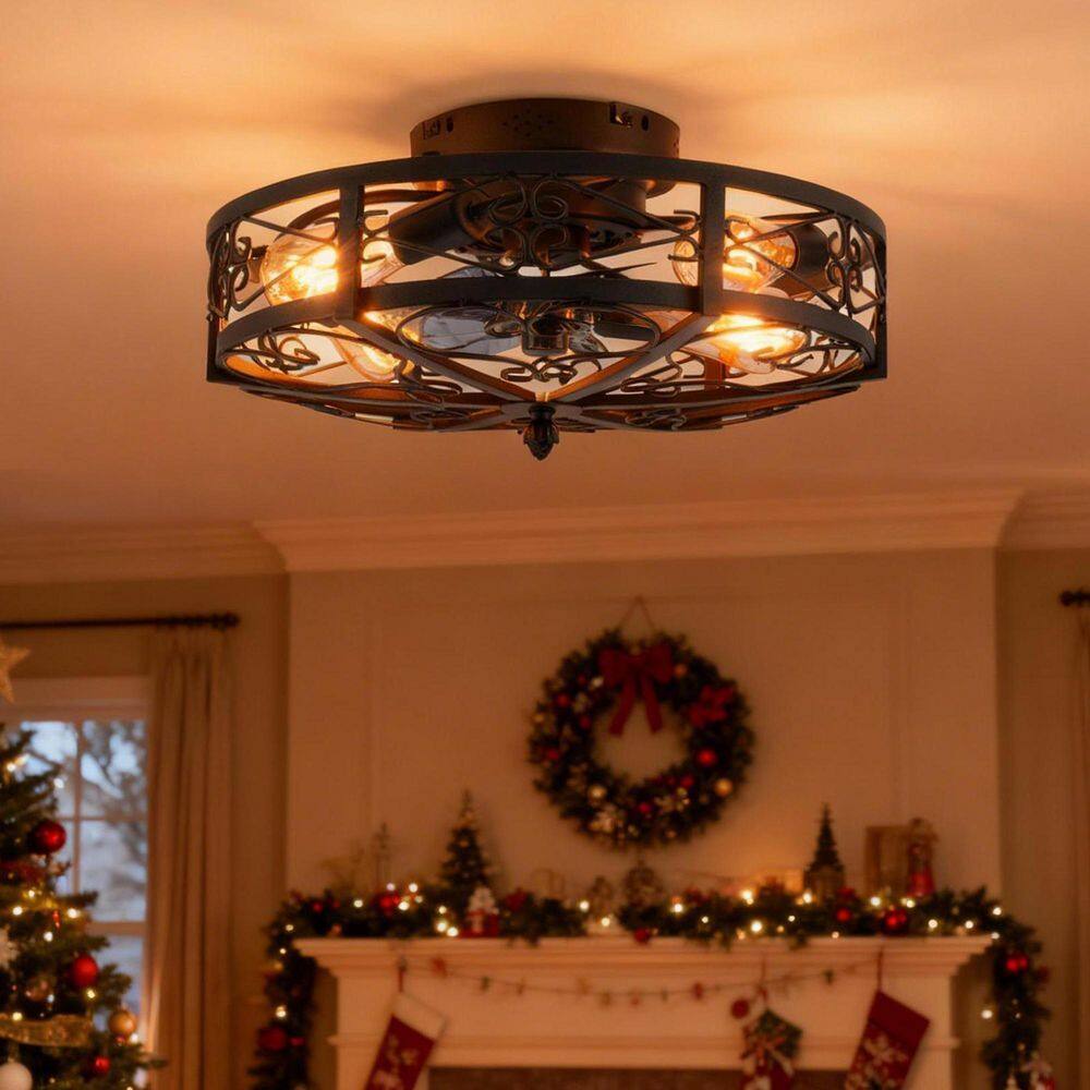 Thalovis 20 in. 4-Light Indoor Black Flush Mount Low Profile Caged Ceiling Fan with Light Fixture with Remote price history on PriceWatchPro