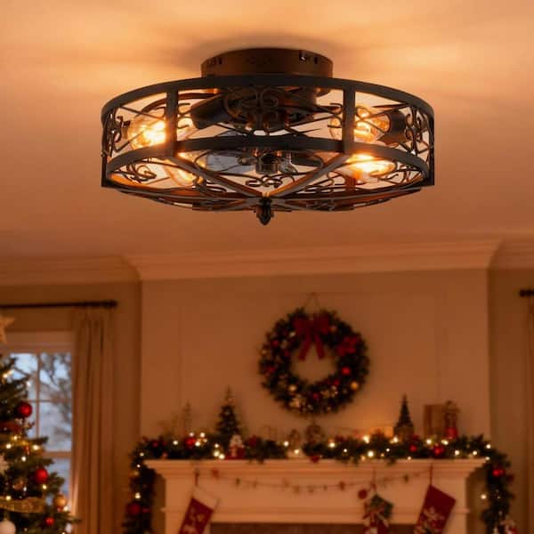 Thalovis 20 in. 4-Light Indoor Black Flush Mount Low Profile Caged Ceiling Fan with Light Fixture with Remote