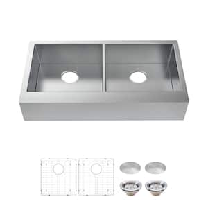 Professional 33 in. Farmhouse/Apron-Front 50/50 Double Bowl 16 Gauge Stainless Steel Kitchen Sink with Accessories