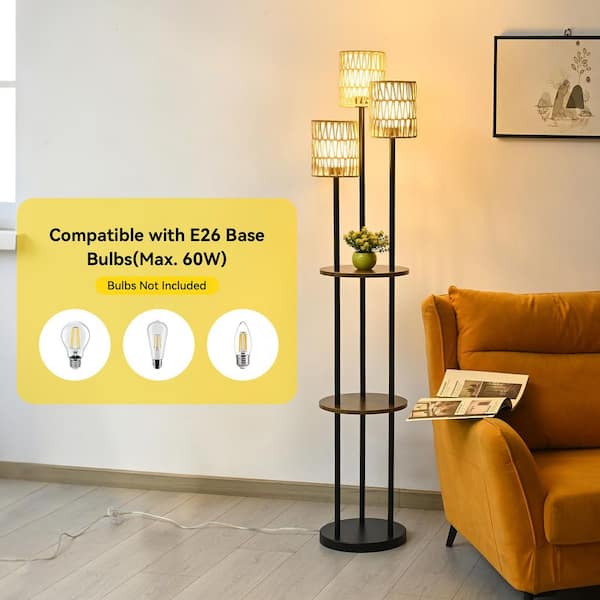 CACI Mall 65 in. Black Boho 3-Light Tree Floor Lamp with Shelves