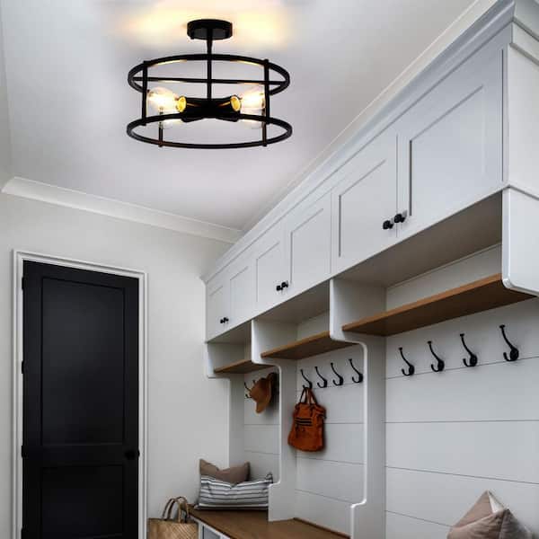 Industrial 17 in. 4-Light Black Caged Drum Semi-Flush Mount with No Glass Shade and No Bulb Included 1-Pack