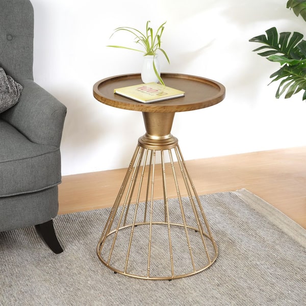 CHRISTOPHER KNIGHT HOME Harrison Mid-Century 18 in. Round Solid Wood Top Side Table with Hollow Iron Base, Antique Gold + Natural