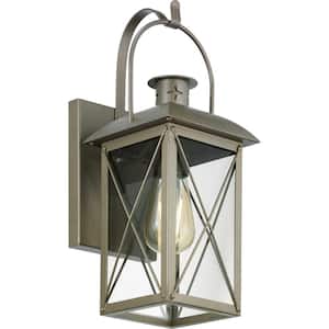 Woodcliff 1-Light 15 in. Weathered Brass Outdoor Wall Lantern with Clear Glass