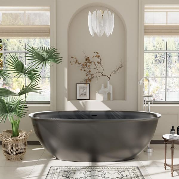 63 in. x 33 in. Solid Surface Stone Resin Freestanding Soaking Bathtub with Center Drain, Drainer, Hose in Matte Black