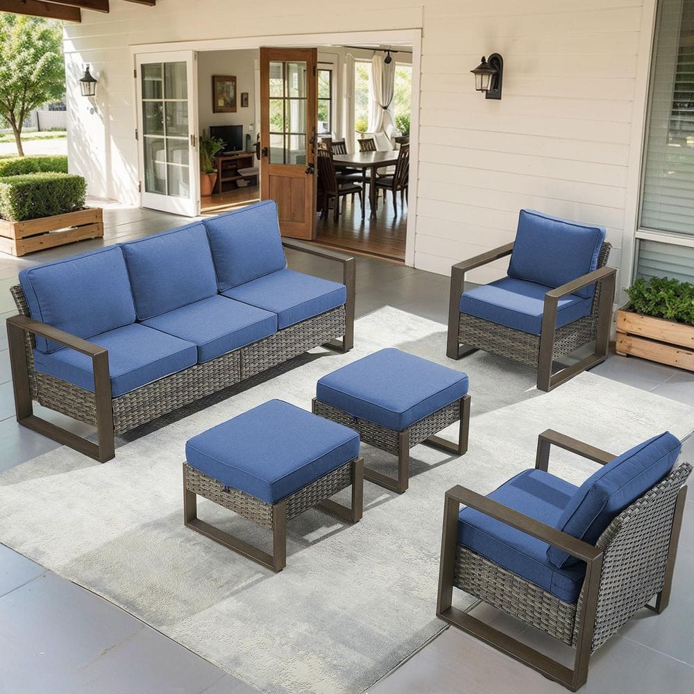 Cube Edge 5-Piece Gray Wicker Patio Conversation Set with Olefin Blue Cushions and Couch/ Porch Furniture Sets price history on PriceWatchPro
