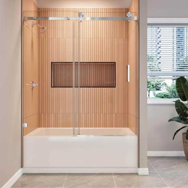 56-61 in. W x 60 in. H Single Sliding Frameless Tub Door in Brushed Nickel with 3/8 in. Clear SGCC Tempered Glass