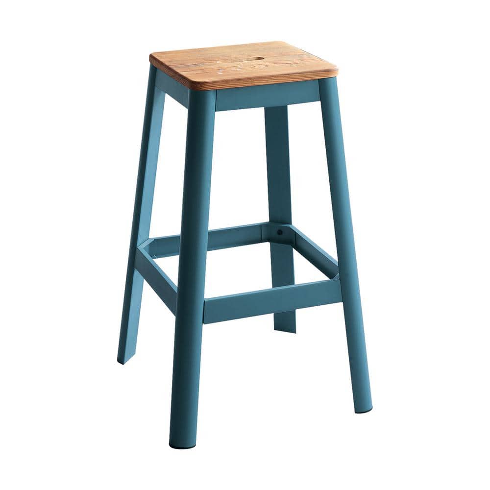 Natural Pine and Teal Metal Backless Bar Stool