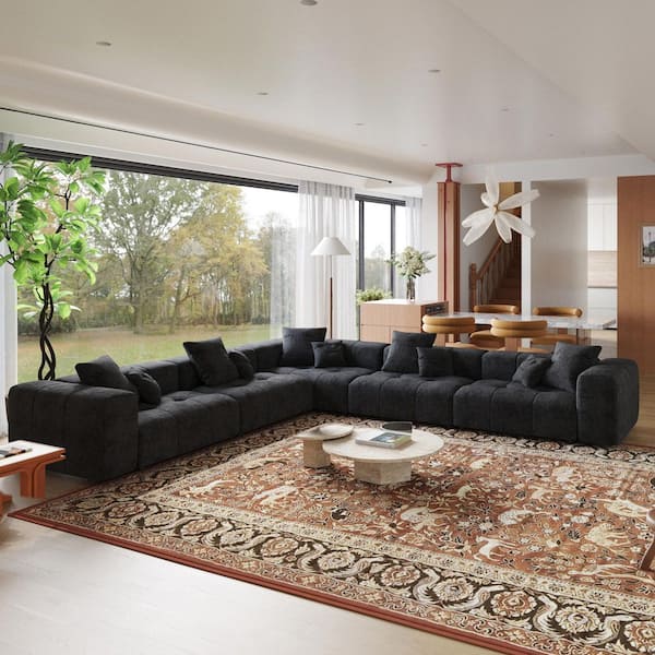 144.17 in. Square Arm Linen 5-Piece Modular L Shaped Tufted Sectional Sofa with Deep Seats For Large Space in Black
