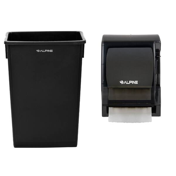 Alpine Industries 23 Gal. Black Indoor Outdoor Waste Basket Commercial Trash Can and Manual Paper Towel Dispenser