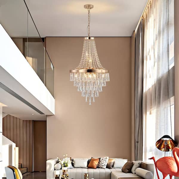 Crysia 20 in. 11-Light Gold Glam Empire Chandelier Light Fixture with Hanging Crystal Shade