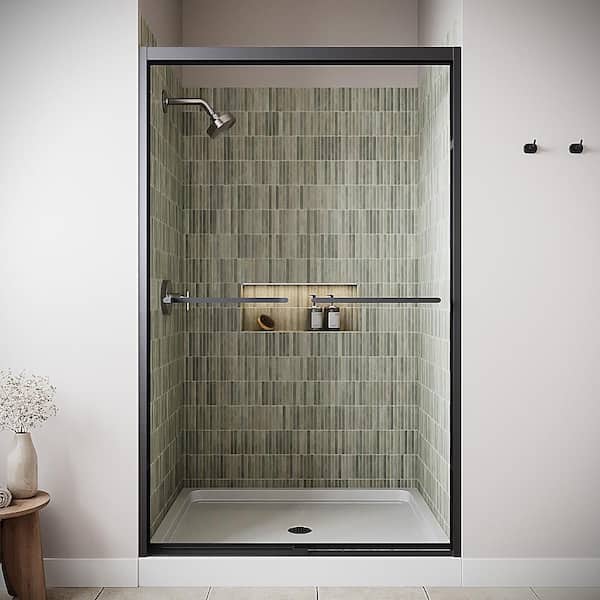 Albegna 48 in. x 76 in. Framed Sliding Shower Door with CrystalTech Treated 5/16 in. Glass, Matte Black Hardware