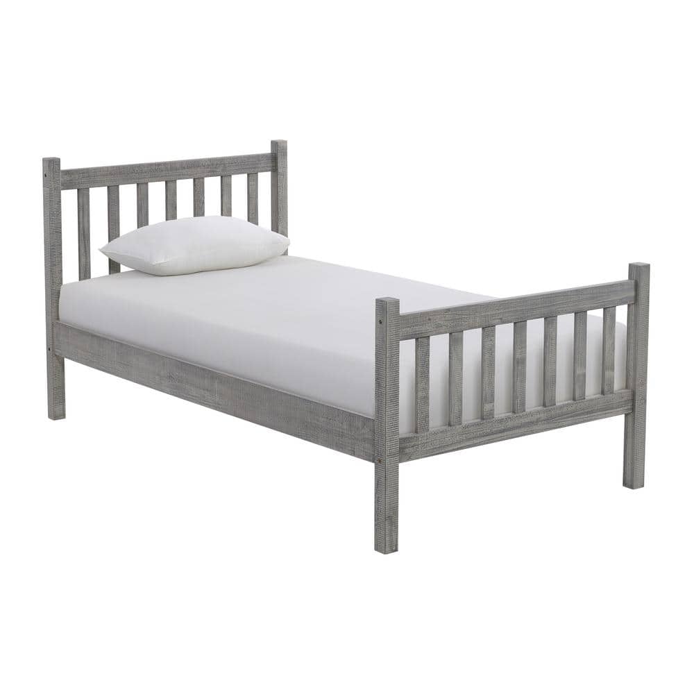 Windsor Driftwood Gray Twin Pine Wood Bed with Slats and Headboard
