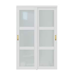 48 in. x 80 in. 3-Lite Tempered Frosted Glass Closet Sliding Door with Hardware and No Grooving Handles