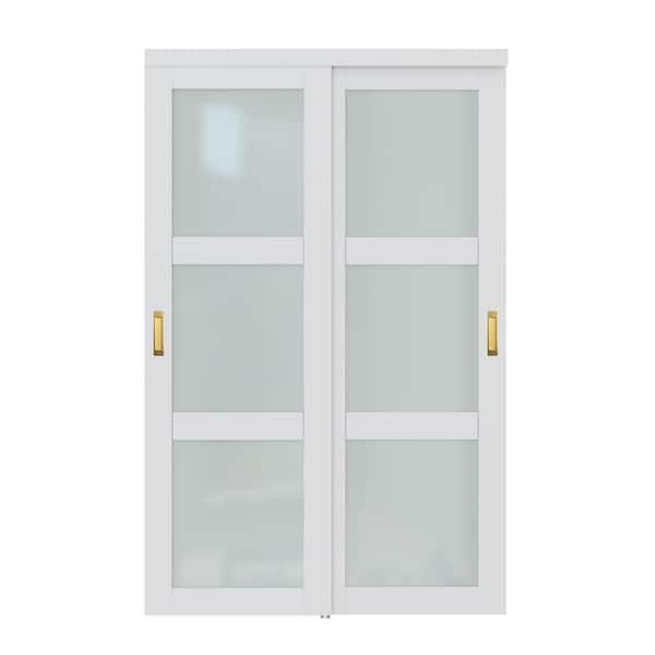 EH PUERTA 48 in. x 80 in. 3-Lite Tempered Frosted Glass Closet Sliding Door with Hardware and No Grooving Handles