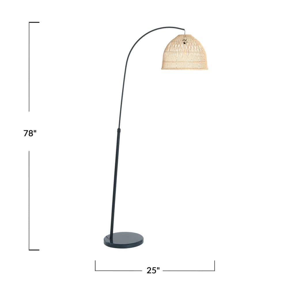 78" Black Metal Arc Floor Lamp with Marble Base and Rattan Shade