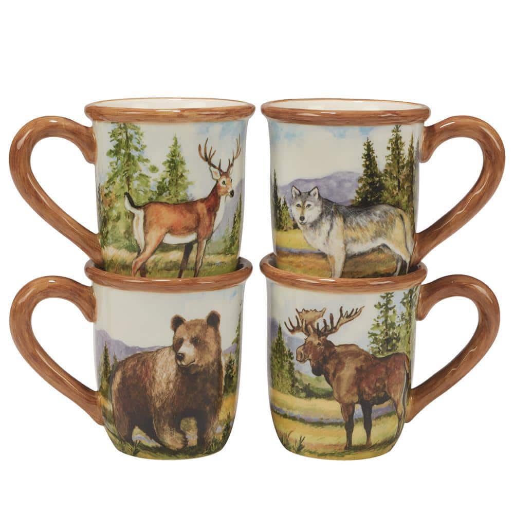 Rustic Wildlife Ceramic Mugs Set with Hand Painted Woodgrain Rims