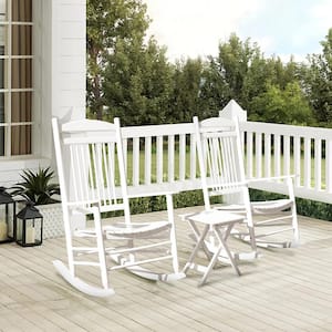 Wood Outdoor Bistro Set 3 Piece With 2 Rocking Chairs and 1 Foldable Coffee Table, White