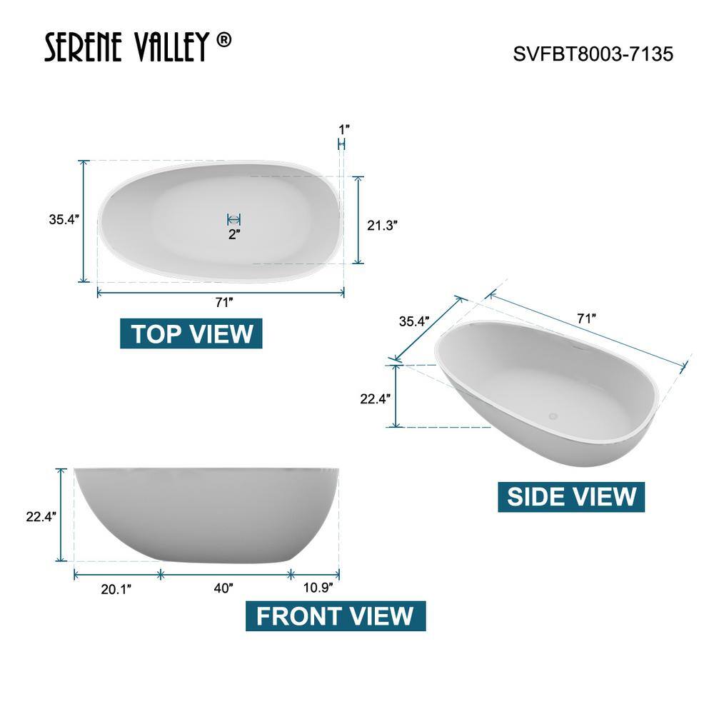 71'' White Solid Surface Freestanding Soaking Bathtub