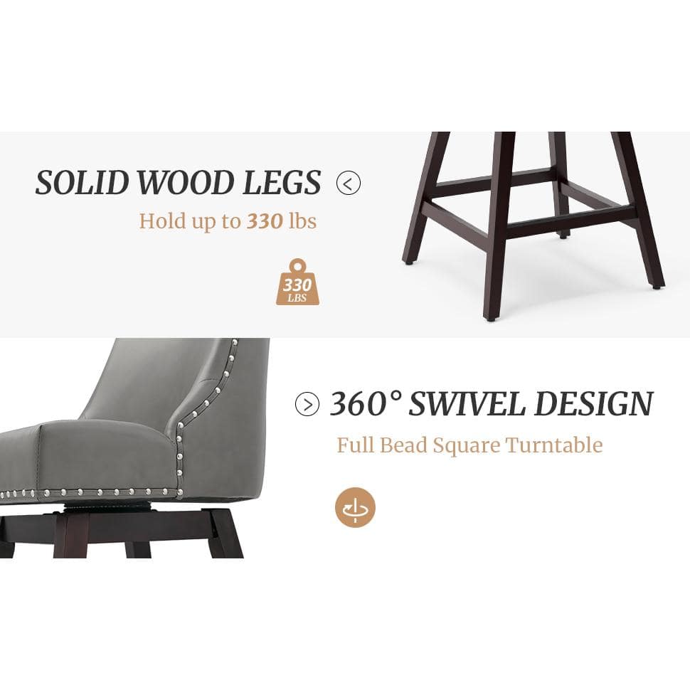 26'' Dark Gray Faux Leather Swivel Counter Stools with Wood Legs, Set of 3