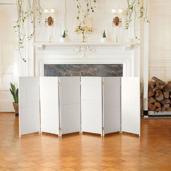 Oriental Furniture 3 ft. Short Woven Fiber Folding Screen - 6 Panel - White