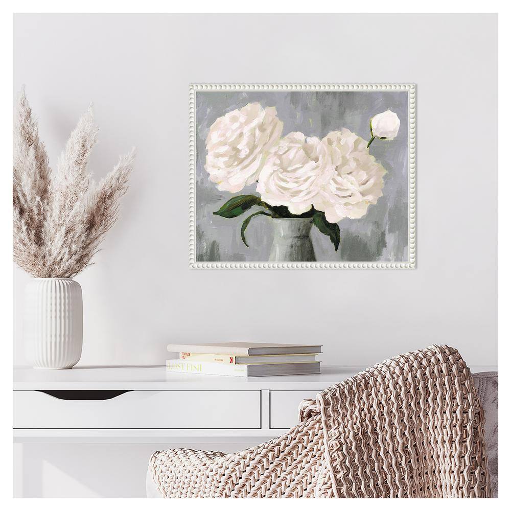 White Blooms in Gray Vase II Canvas Print with White Frame