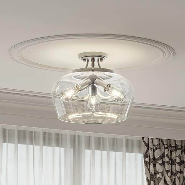 3-Light Blushed Nickel Semi Flush Mount Ceiling Light with Glass Shade