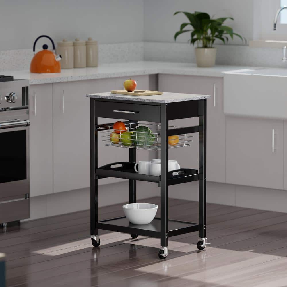 Transitional Julia Granite Top Black Kitchen Cart with Storage